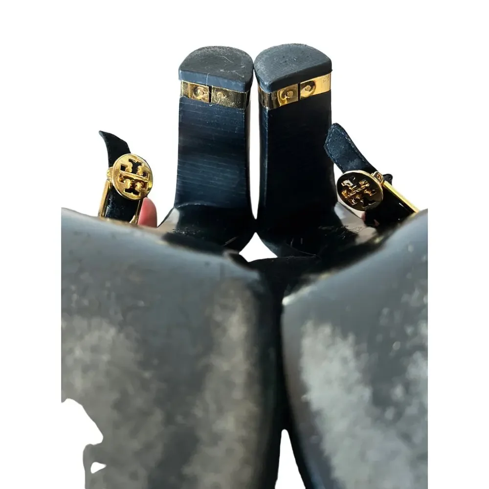 Tory Burch Black Gold Suede Slingback Block Platform Heels Size 9.5